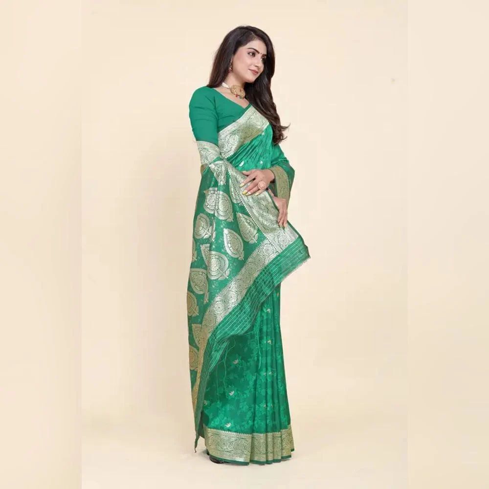 Ladies Silk Green Printed Banarasi Saree