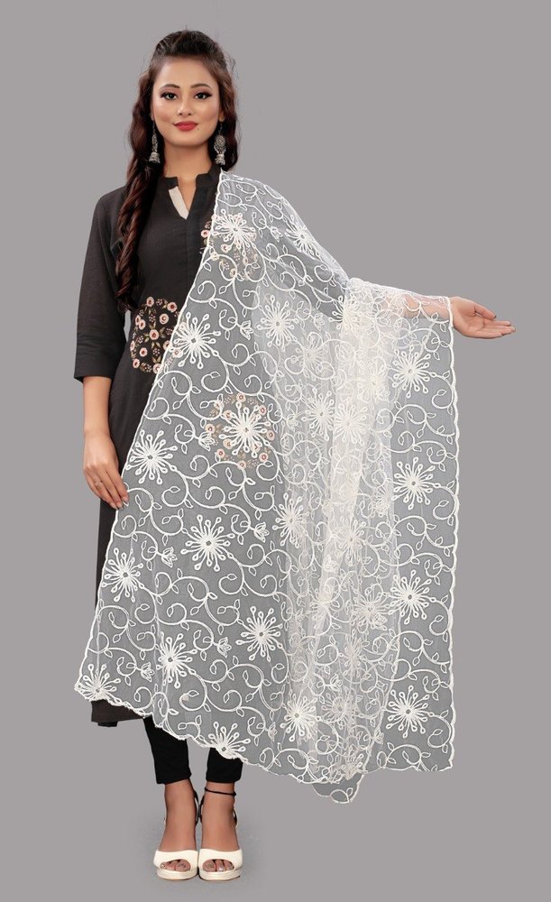 2.25m White Nylon  Embroidery Dupatta