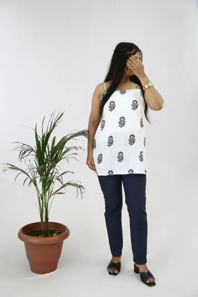 White Printed Rayon Short  Ladies Kurti
