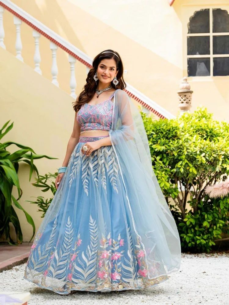 TRENDY CULTURE'S  Sky Blue Reception Wear Net Lehena choli Manufacturer