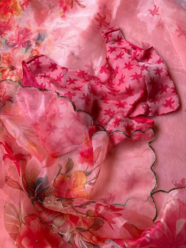 Coral Pink Organza Handwork Saree