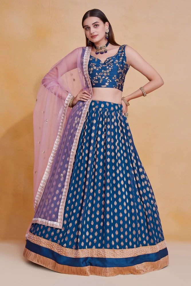 Blue Zari Weaving Work Georgette Banarasi lehenga Choli Set