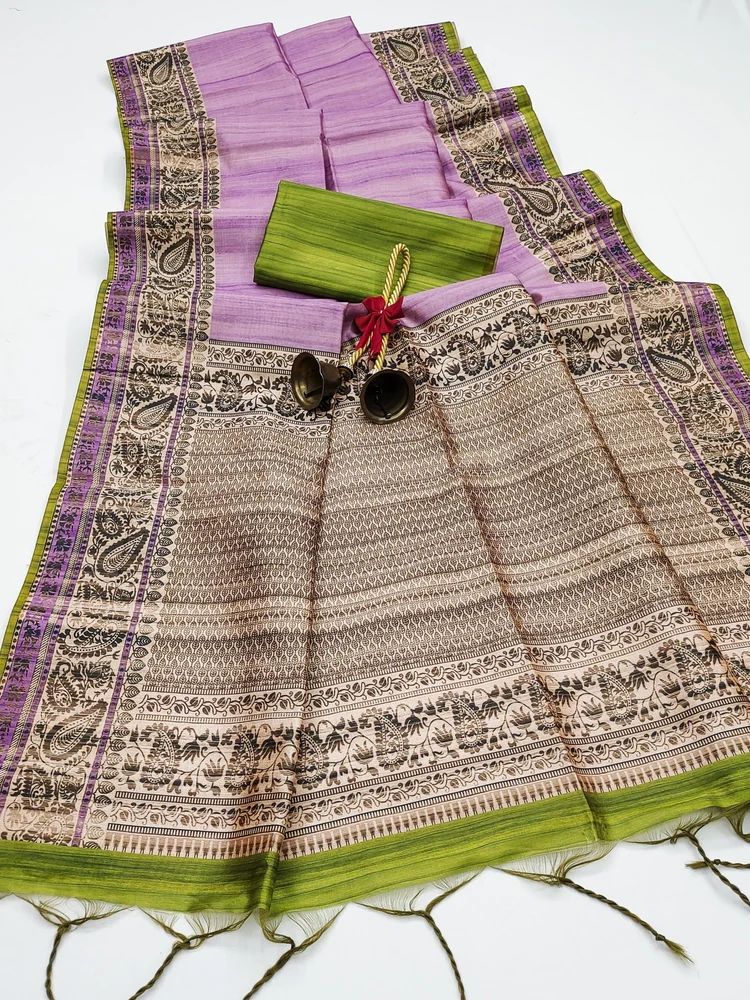 Soft tussar silk saree with traditional pallu and fancy tassels saree