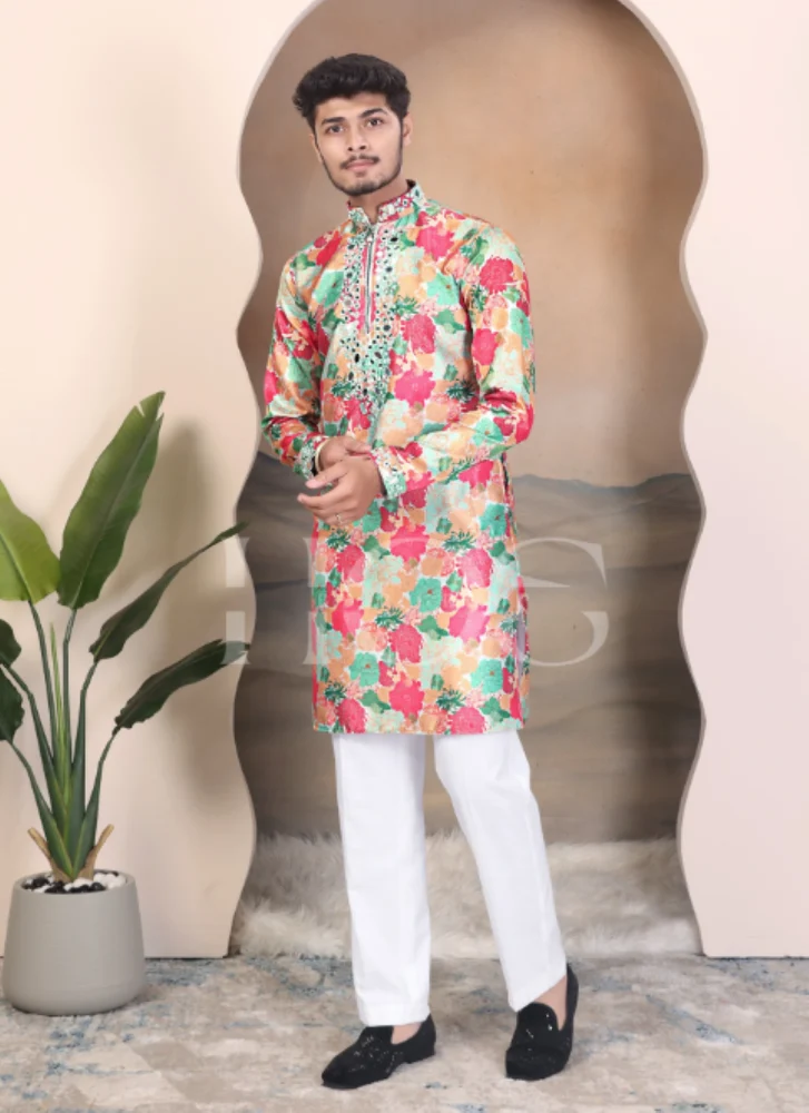 Flower Mirror Men Satin Kurta