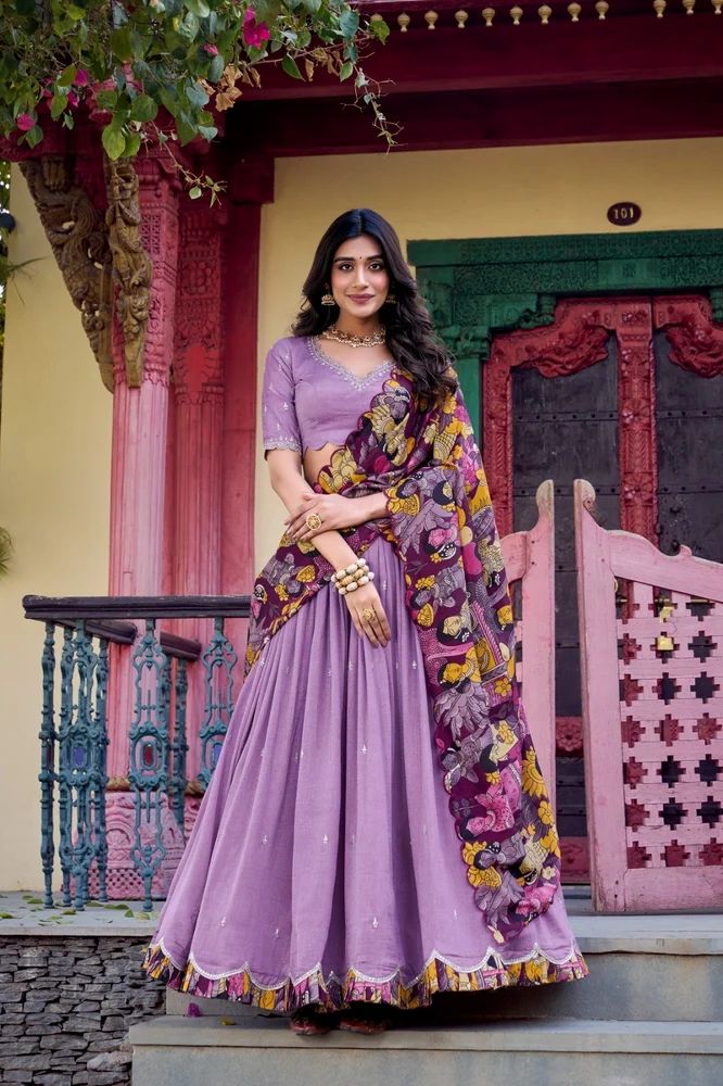 TRENDY CULTURE'S Designer Vichitra Silk Lehenga Choli with Sequins, Thread Work & Kalamkari Print