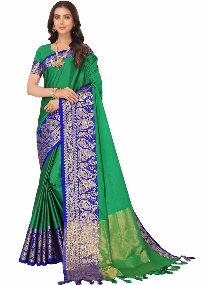 Banarasi Silk Blend Plain Solid Golden Zari Border Saree