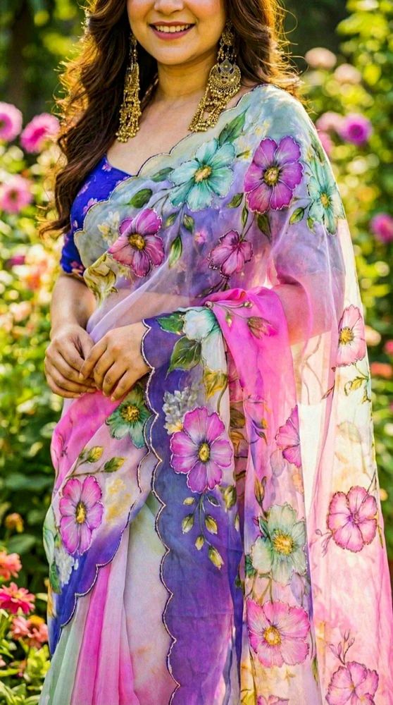 Georgette digital print handwork saree