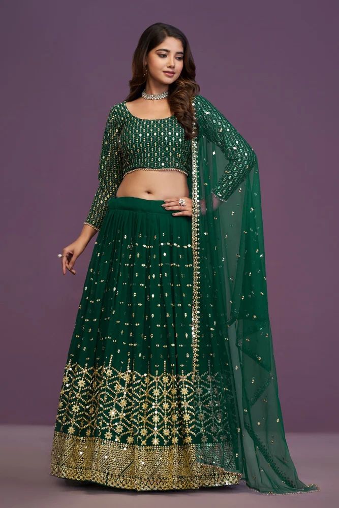 Green Georgette Sequence Embroidery Work Lehenga Choli