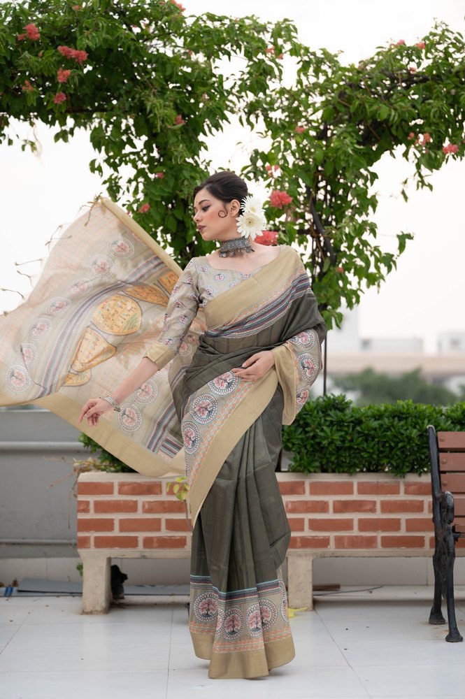 Tussar print soft linen cotton  Party Wear print  Saree