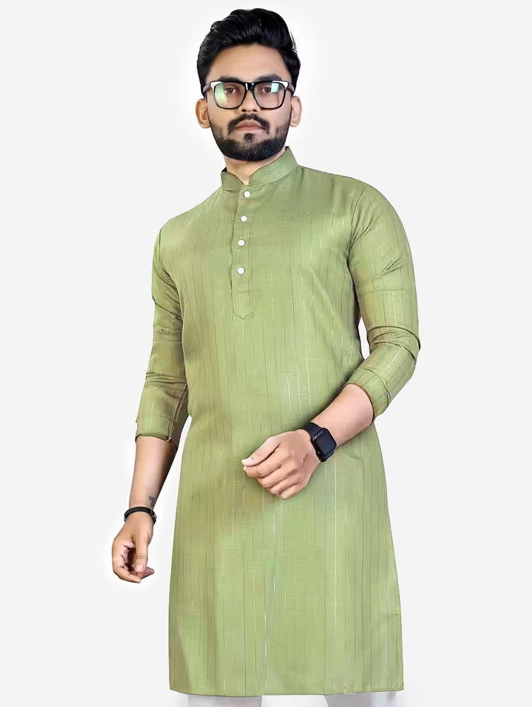 Men Light Green Cotton Blend Plain Kurta