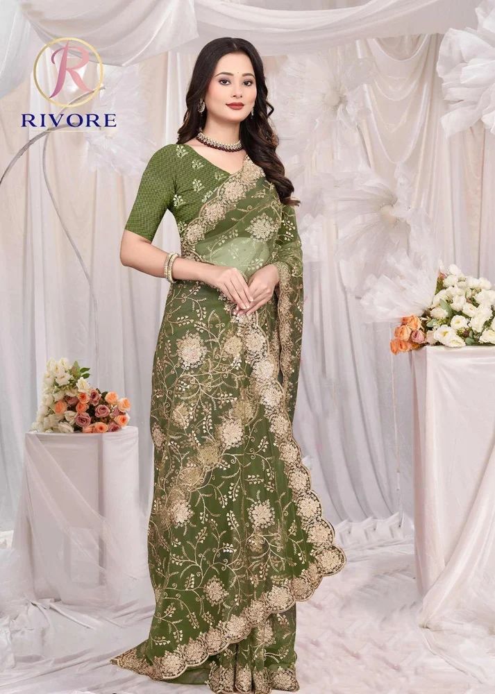 Olive Green Georgette Embroidery Saree