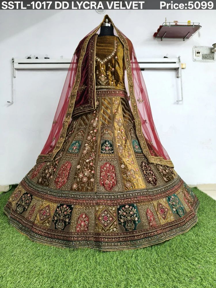 Patch Panelled Mustard Lycra Velvet Resham Bridal Lehenga