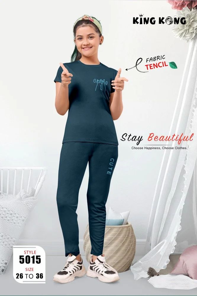 Comfortable Kids' Tencel Nightwear T-Shirt & Pant Set for Girls (Size :- 26-36)
