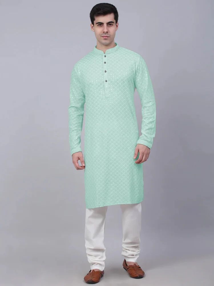 Men Embroidered, Embellished Cotton Rayon Straight Kurta