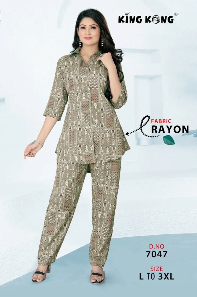 Imported Rayon Printed Shirt Collar With Pant Co-ords/Cord Set for women Size L to 3XL