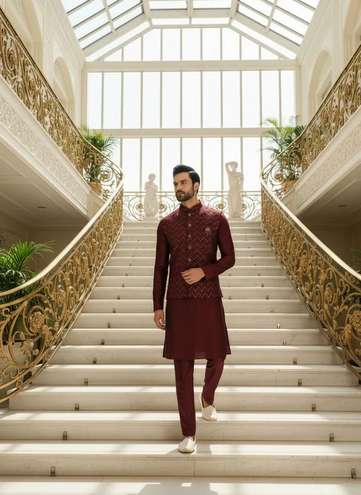 trendy culture's Sequence Work Maroon Silk Material Mens Koti Kurta Set- factort price